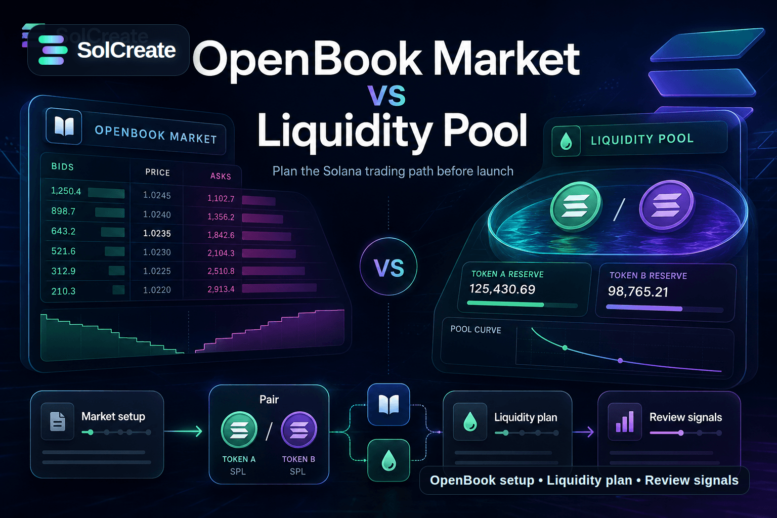 SolCreate guide hero showing an OpenBook market setup, Solana token pair planning, liquidity pool context and review-signal dashboard panels