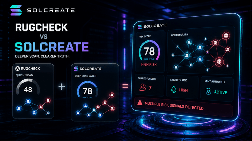 RugCheck vs SolCreate comparison showing Solana token risk reports, holder clusters and shared funder evidence