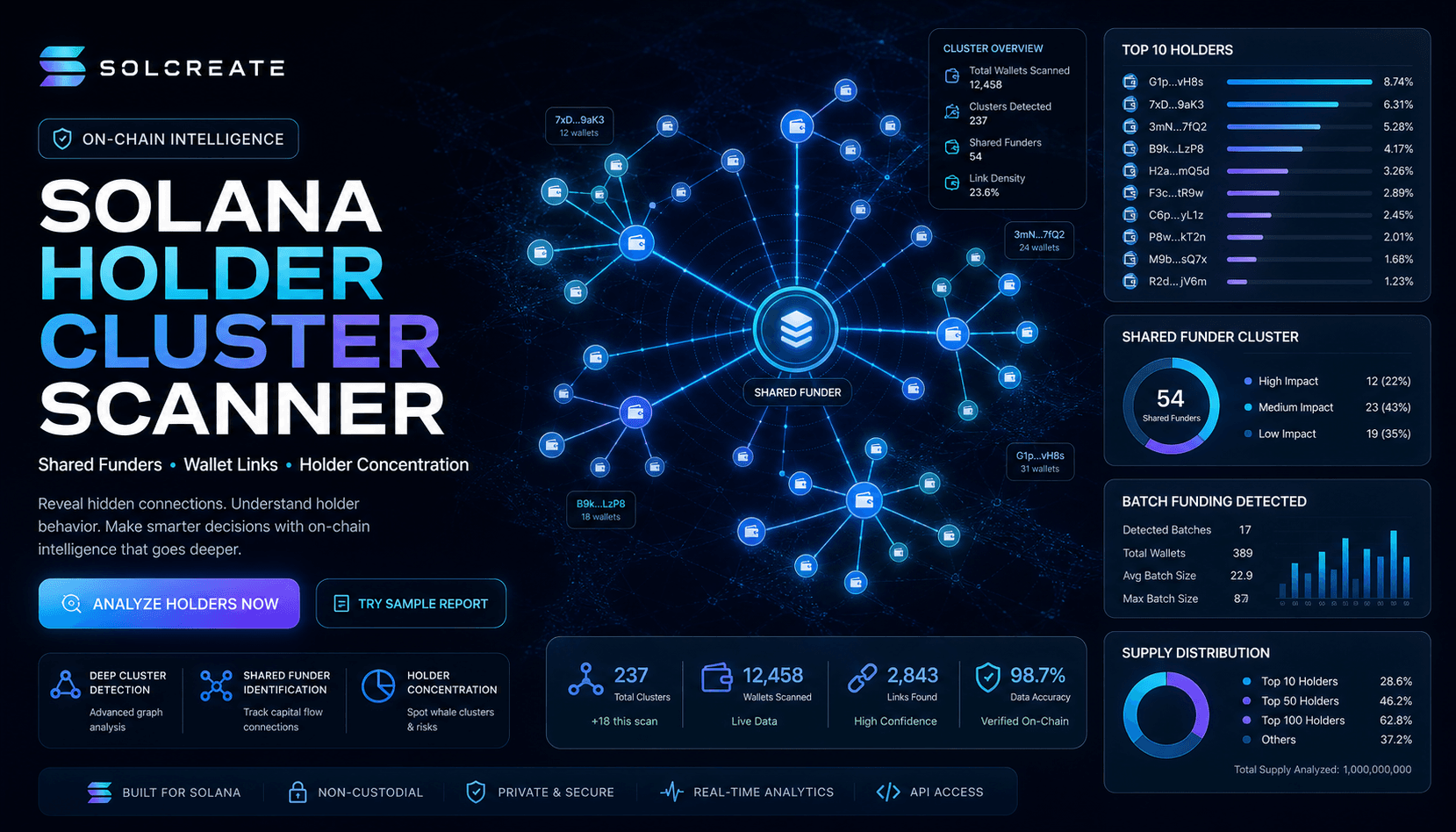 Solana holder cluster scanner map showing shared funders, wallet links and holder concentration