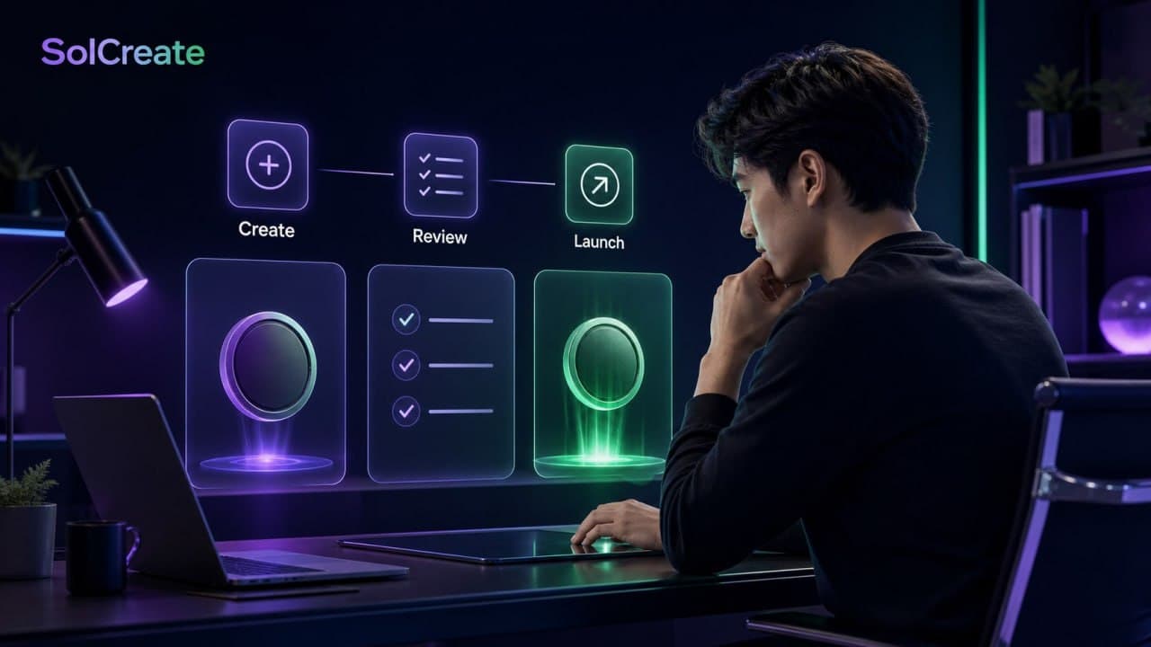 SolCreate launch workflow hero showing create, review and launch steps for a Solana token creator wallet budget guide
