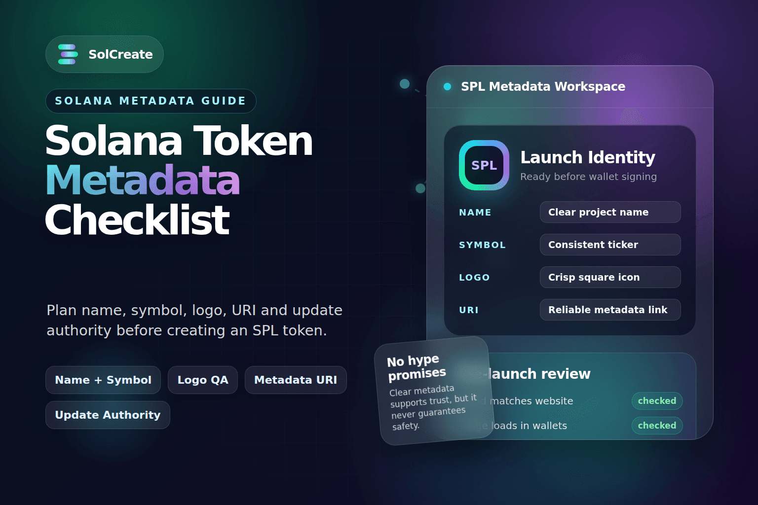 Solana token metadata checklist guide with SolCreate branding, token identity cards and launch workflow visuals