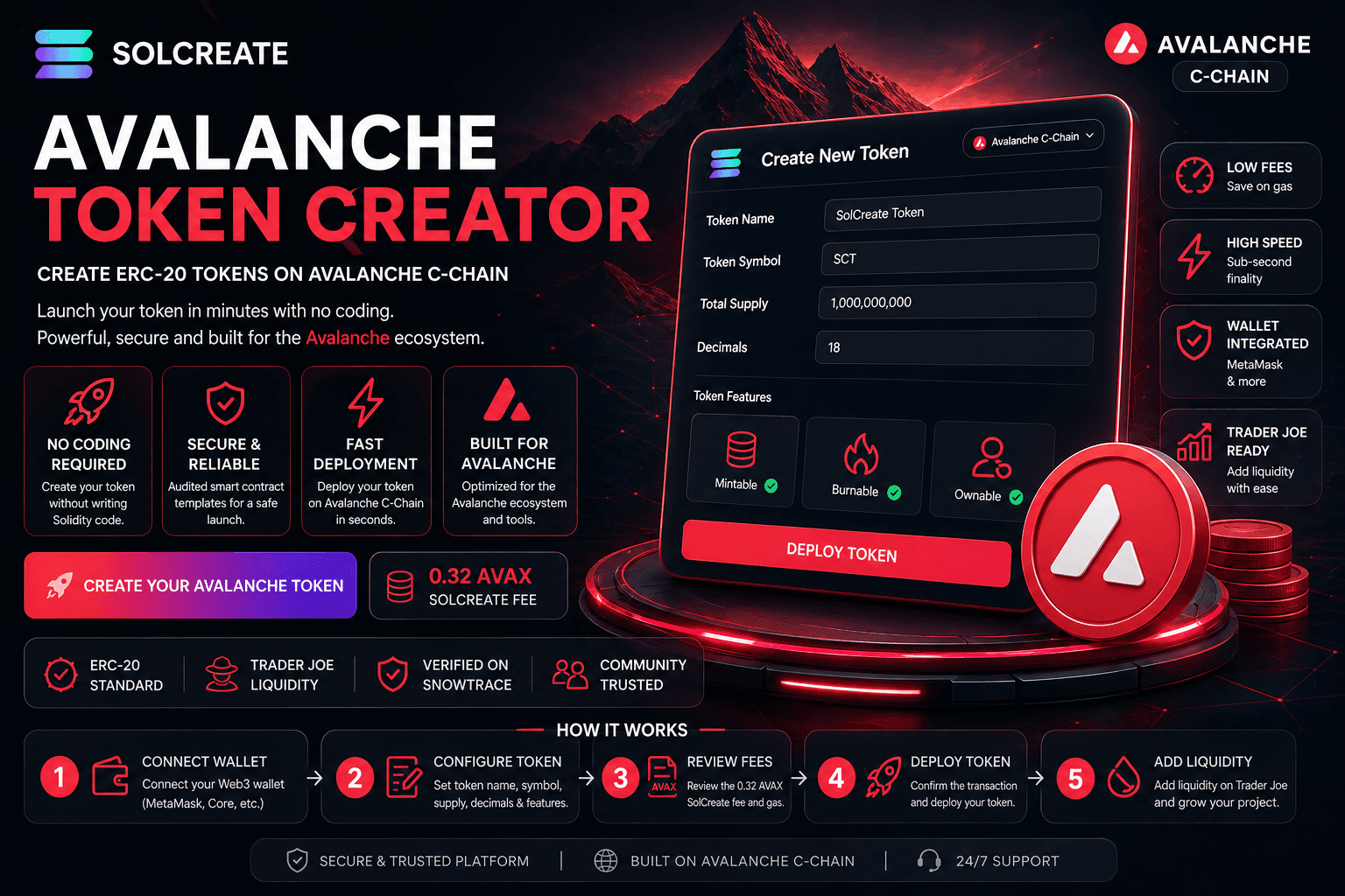 SolCreate Avalanche Token Creator interface for creating ERC-20 tokens on Avalanche C-Chain with Trader Joe liquidity tools