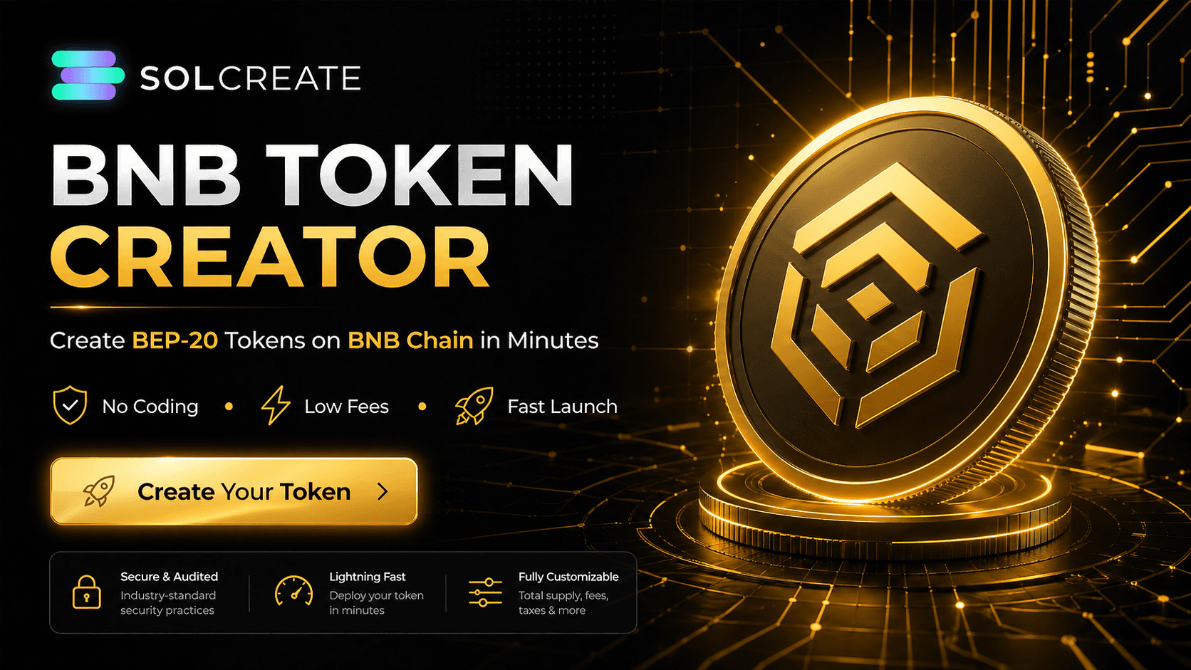 SolCreate BNB Token Creator hero graphic showing a gold BNB coin and BEP-20 token launch message.