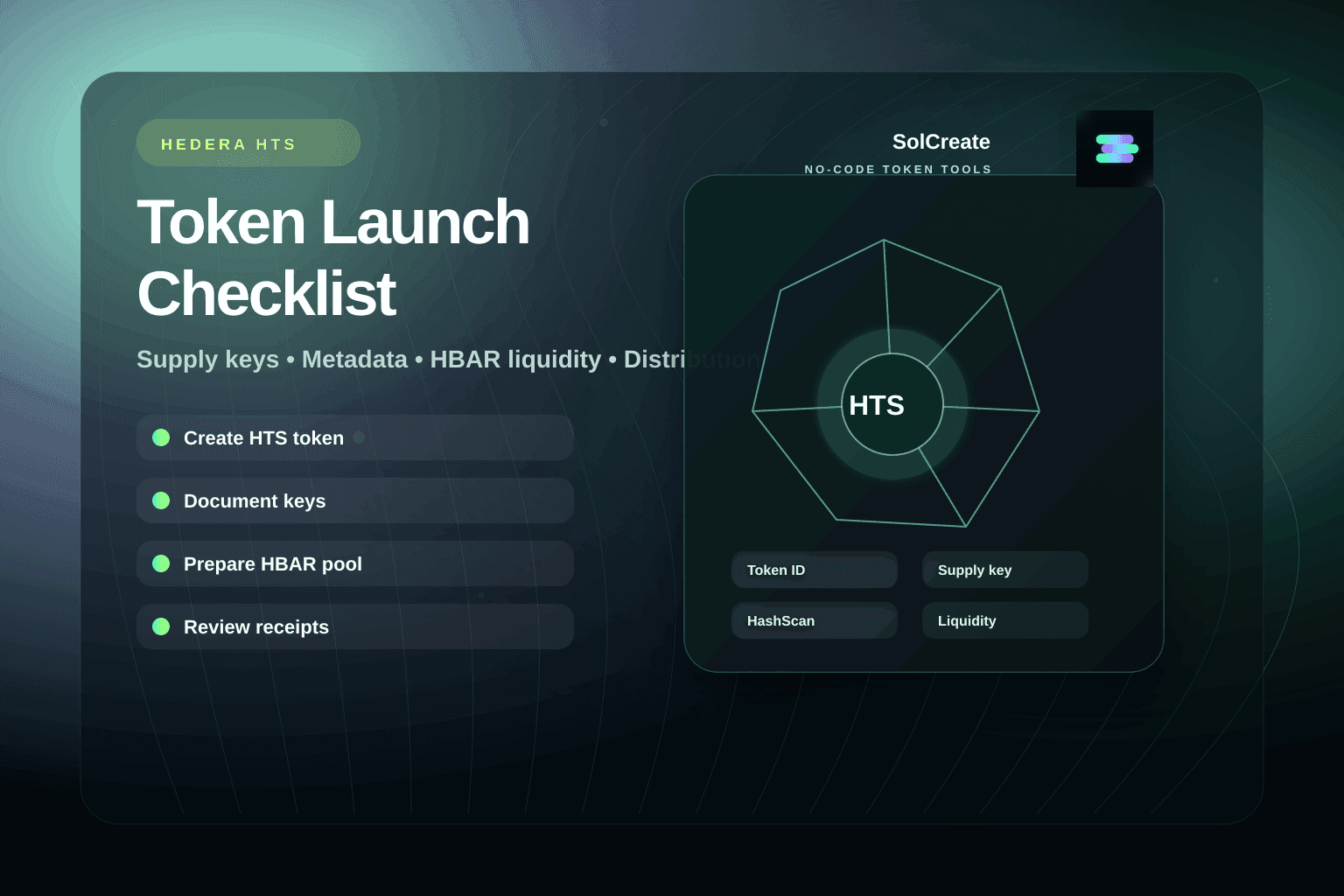 SolCreate Hedera HTS token launch checklist hero with supply key, metadata, HBAR liquidity and HashScan receipt panels