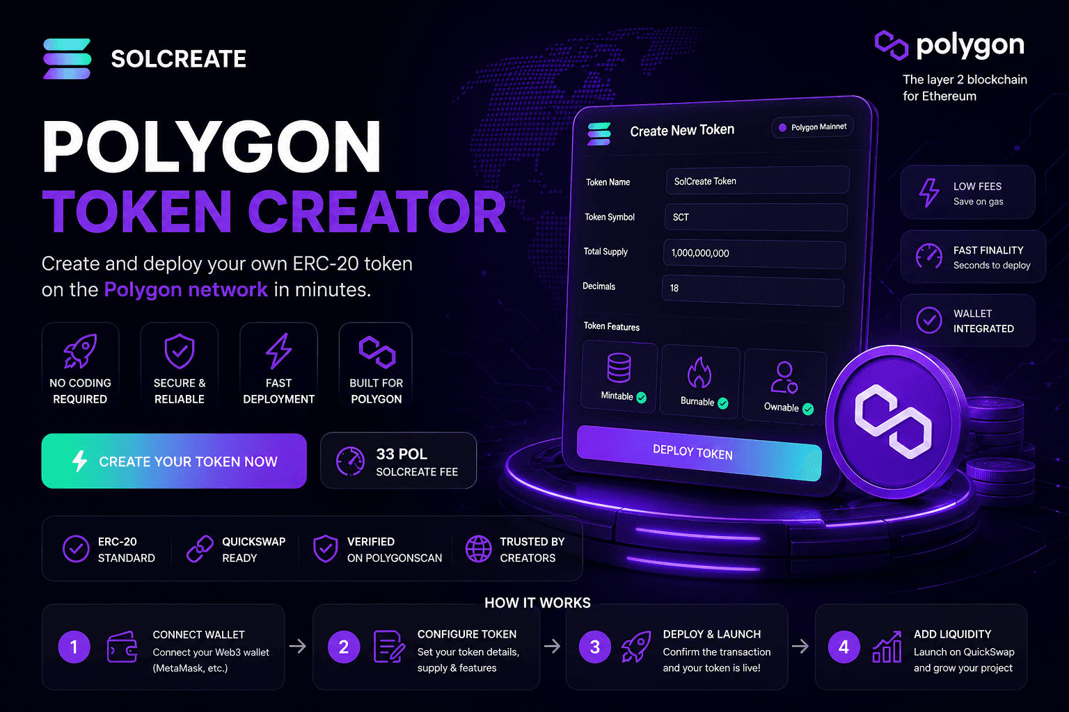 SolCreate Polygon Token Creator interface for creating ERC-20 tokens on Polygon with QuickSwap launch tools