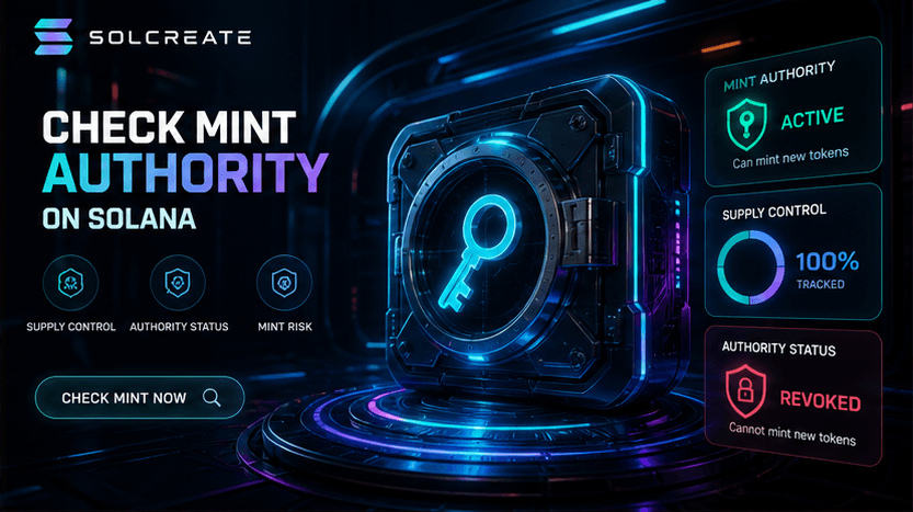 How to check Solana mint authority with SolCreate Solana mint authority guide showing SPL token supply control, active authority risk and scanner report context