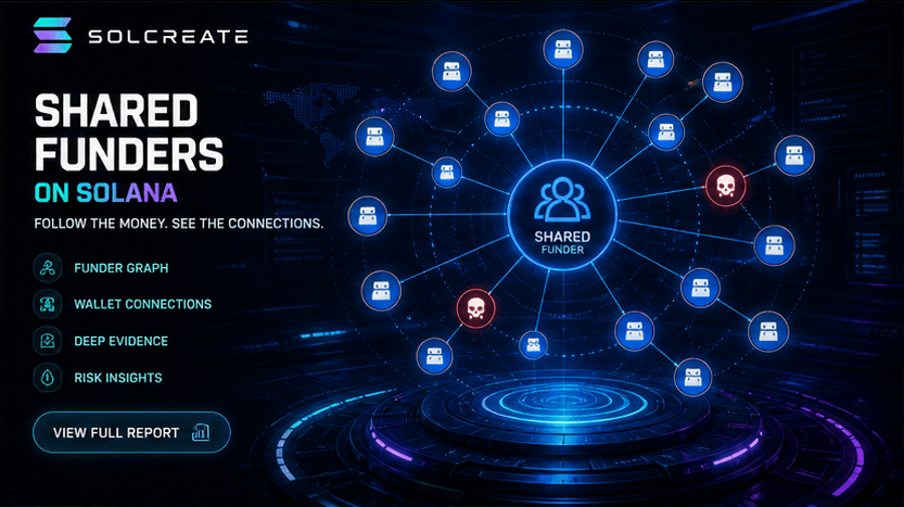SolCreate shared funder and Solana wallet cluster guide Solana shared funder guide showing wallet cluster graph, holder links and funding pattern evidence