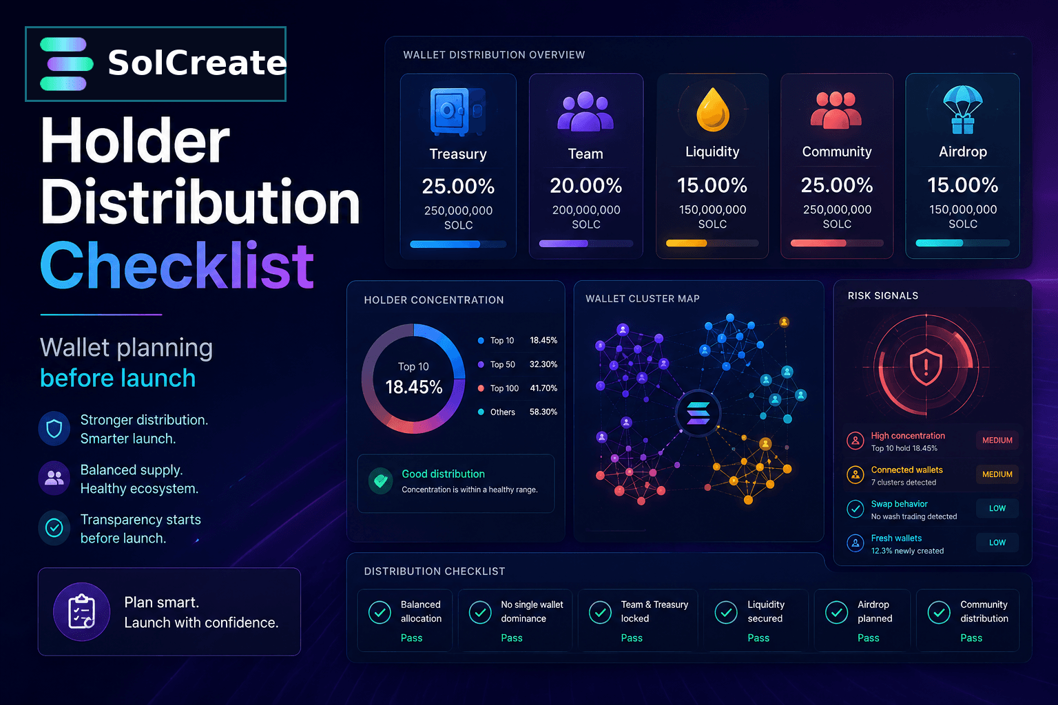 Solana holder distribution checklist with wallet planning dashboard and SolCreate logo branding