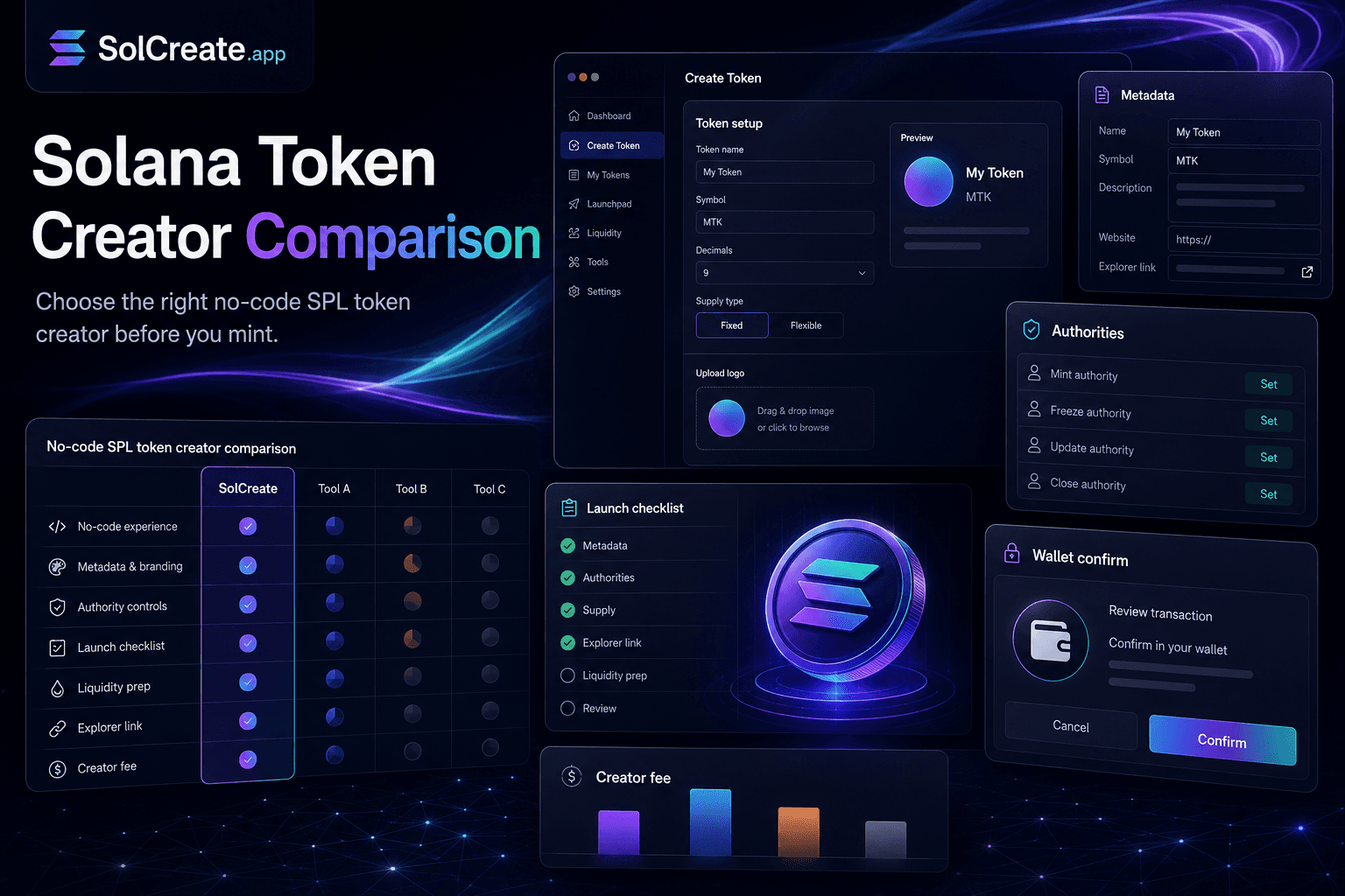 SolCreate blog hero for comparing Solana token creator features before minting, with metadata, authority, wallet confirmation, launch checklist and creator fee panels