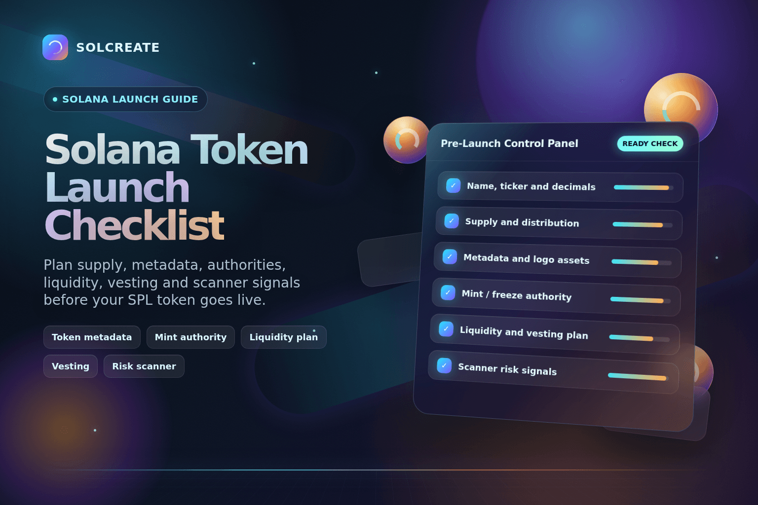 Solana Token Launch Checklist guide with premium crypto dashboard and checklist visuals