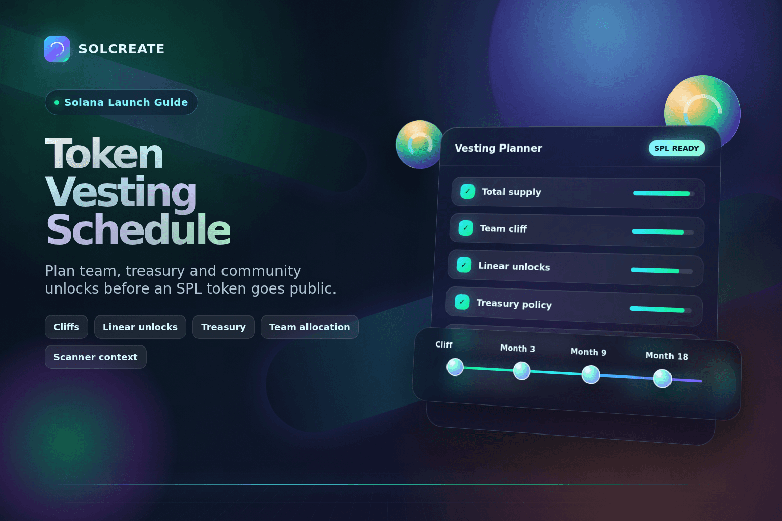 Solana token vesting schedule guide with premium crypto launch dashboard and timeline visuals