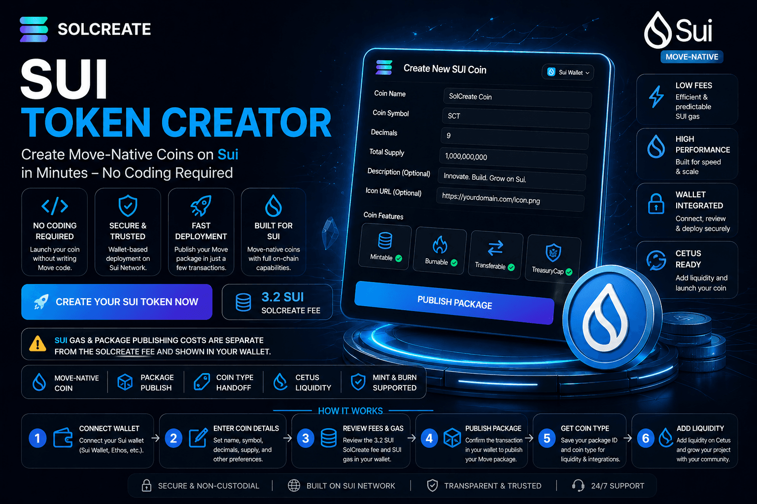 SolCreate SUI Token Creator interface for creating Move-native coins on Sui with Cetus liquidity tools
