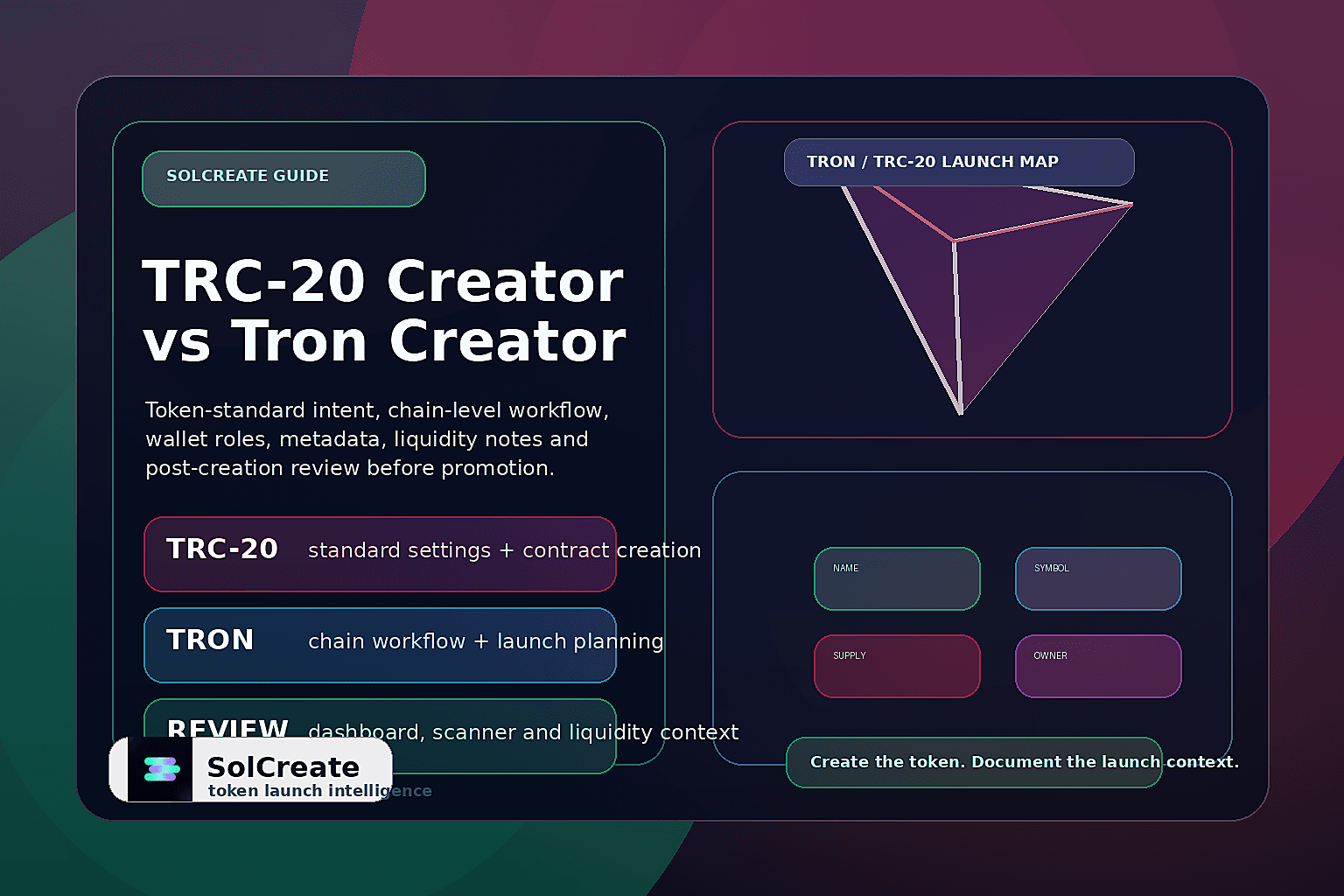 SolCreate blog hero comparing TRC-20 token creator and Tron token creator workflows with metadata, supply, wallet roles, liquidity planning and launch review panels