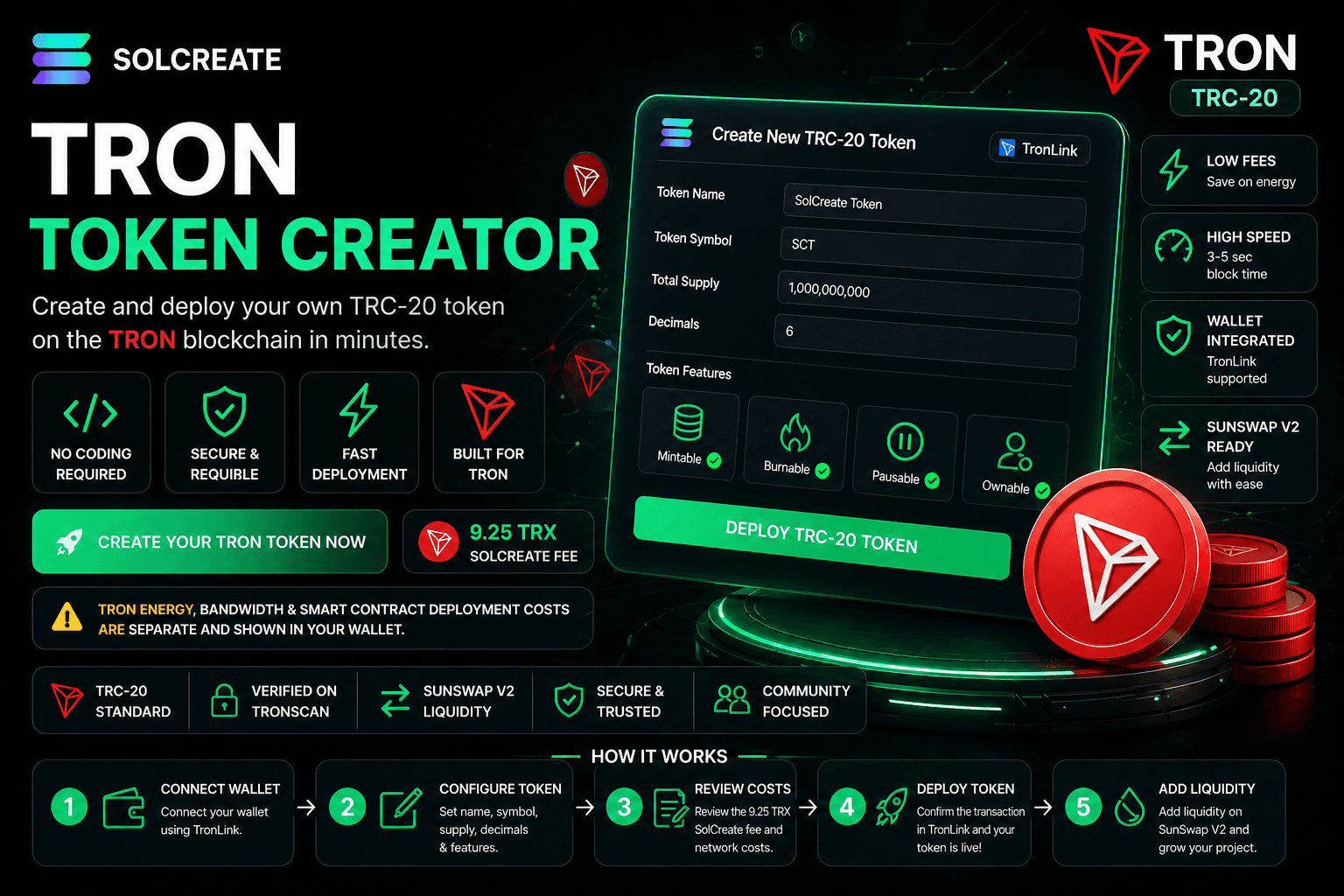 SolCreate TRON Token Creator interface for creating TRC-20 tokens with TronLink and SunSwap launch tools